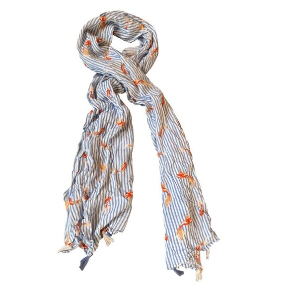 Striped Goldfish Print Scarf With Tassel Accents Lightweight Cotton Blend - Picture 3 of 7